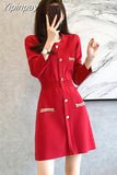 Yipinpay Button Knitted Dress A-line Long Sleeve Fall Winter 2023 Slim Elegant Korean Black Short Robe Red Christmas Party Vestido