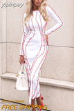 yipinpay O Neck Sexy Women Long Ribber Knitted Bodycon Striped Dress Y2K Fashion Orange Maxi Wrap Party Club Dress 2023 Autumn
