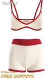 Yipinpay Women Knitted Bikini Shorts Set Contrast Color Bra Camisole with Elastic High Waist Shorts Summer Beachwear Outfit