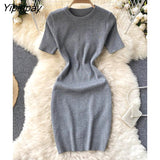 Yipinpay Women Korean Elegant Knitted Dress Short Sleeve O-neck Mini Dress Solid Elastic Slim Casual Summer Pencil Dress
