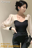 Yipinpay Slim Blusas Mujer French Square Long Sleeve Short Shirt Thin Womens Tops Chiffon Blouse Wild Elegant Knitwear Black Shirts