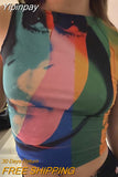 Yipinpay Women’s Crop Top Fashion Abstract Printing Vest Causal Round Neck Exposed Navel Sleeveless Tops Casual Outfits Streetwear Y2k