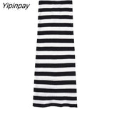 Yipinpay Women Striped Knitted Tops+Mid-Calf Sheath Skirts Sets 2023 Spring Autumn 2 Pcs Elegant Long Sleeve Casual O-neck Sweater