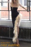 Yipinpay Womens Sexy Vintage Furry Feathers Irregular Hem Strapless Long Dress Elegant Sexy Black Gowns for Ladies Party