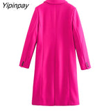 Yipinpay 2023 Women Solid Woolen Coat Autumn Winter Office Lady Long Sleeve Outwear Double Breasted Warm Basic Notched Overcoat