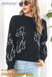 yipinpay Women's Sweater Cat Print Oversize Jumper Warm Winter Clothes 2023 Streetwear Black Sweater Long Sleeve Tops Knitted Pullover