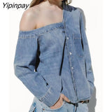 Yipinpay Fashion Asymmetrical Denim Shirt for Women 2023 Single Breasted Pockets Blouse Woman Long Sleeve Jeans Shirts Ladies
