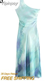 Yipinpay Tie Dye Satin Dress Woman Asymmetric Long Dresses For Women 2023 Off Shoulder Elegant Midi Dresses Ruched Party Dresses