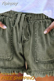 Yipinpay Women's Washed Denim Shorts, Casual Drawstring Elastic Waist Frayed Hem Loose Short Jeans