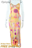 Yipinpay Women Slim Printed Spaghetti Dress Fashion Sleeveless High Side Split Midi Dresses 2023 Elegant Holiday Street Dresses