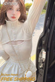 Yipinpay Mujer Slim Fit Bottom Hollow Top Pullover Fake Two Piece High Neck Sweater Aesthetics Grunge Pink T-shirts Button Sexy 0406