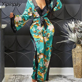 Yipinpay Women Elegant All Over Print with Floral Deep V Neck Straight with Belt Jumpsuit Sexy Jumpsuit