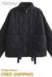 Yipinpay TRAF Quilted Coats for Women 2023 Winter Stand Collar Jackets Coat Female Chic Big Pockets Casual Jacket Warm Outerwear