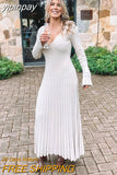yipinpay Knitted Dresses For Women 2023 Autumn Winter Elegant Pleated Long Dresses Long Sleeve V Neck Casual Slim White Maxi Dress
