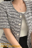 Yipinpay Femininas O Neck Short Sleeve Blue Tweed Jacket Cropped Cardigan Tops Suit Summer Plaid Shirt Women Casual Coat Korean