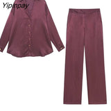 Yipinpay New Fashion Women Pant Shirt Sets 2023 Summer Long Sleeved Soft Silk Blouse+Elastic Waist Wide Leg Pants Outwear