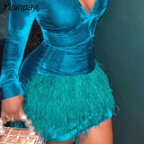 Yipinpay Women Solid Elegant Deep V Neck Long Sleeves Tassels Mini Flannel Bodycon Party Dress