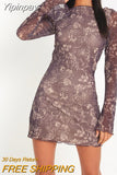 Yipinpay Female Short Dress Solid Color Floral Print Long Sleeve Backless Fashion Black Khaki Skin Friendly Club Street Style S M L 911