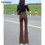 Yipinpay High Waist Vintage Elastic Split Jean Femme Casual Slim Autumn Winter Denim Flare Pants Brown Women Jeans