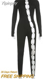 Yipinpay Ring Hollow Tight Jumpsuit Elegant For Women Long Sleeve Back Zipper Clothes Hot Girl Nightclub Street Casual Jumpsuits