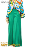 Yipinpay 2023 Summer Loose Large Size Casual Printed Shirt Top Wide Leg Pants Two Piece Set Female Suit Fashion Outfits