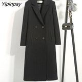 Yipinpay Cotton Mixed Black Woolen Coat Women's Long Winter Korean Version Slim Fitting Thickened With