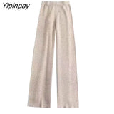 Yipinpay Autumn/Winter Women Pants Warm High Waist Loose Knitted Wide Leg Pants Baggy Side Slit Casual Pants Female