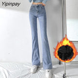 Yipinpay Thicken Velvet Warm Denim Flare Pants Stretch High Waist Casual Winter Plush Bell Bottom Jeans Woman