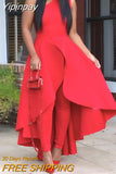 Yipinpay Women Solid Elegant One Shoulder Asymmetrical Slit High Silt Formal Party Red Dress