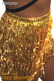 Yipinpay Women Sexy Belly Skirt, Sequined Fringe Miniskirt with Adjustable Waist Straps, Mini Skirt for Dance Performance, Rave Party