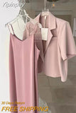 Yipinpay Suits Office Lady Grey Blazers Short Coat Short Sleeve Jacket Sexy Camisole Dress Bodycon Two Piece Sets Womens Outifits