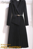 Yipinpay Dres Women With Belt Elegant Work Wear V-neck Office Ladies Pleated Long Sleeve Suit Dresses Luxury Oversized Vestidos