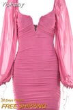 Yipinpay V-Neck Puff Sleeve Ruched Dress Women Party Double Layer Long Sleeve Sexy Mini Dresses Elegant Femme Clubwear Clothing