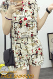 Yipinpay Summer Loose Oversized Sweet Elegant Printed Women's Shorts Set Casual Fashion Short Sleeved Top T-shirt Shorts 2-piece Set