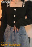 Yipinpay for Women Palace Style Puff Sleeve Waist Style Retro Square Long Sleeve Shirt Women Black Top Rhinestone T Shirt Blouse