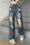 Yipinpay Hole Boyfriend High Waist Women's Wide Leg Baggy Jeans Woman Streetwear Vintage Denim Trouser Fairy Grunge Alt Clothes