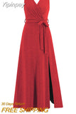 Yipinpay Summer Sleeveless V-neck Large Size Slim Temperament Shiny Dress Banquet Party Slit Long Dress
