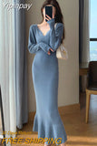 Yipinpay Elegant Mermaid Sweater Long Dress Women Vintage V-neck Knitted Warm Y2K Dress Korean Casual Chic Dress for New Year 2023