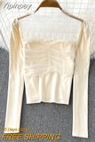Yipinpay French Vintage T-shirt Women Square Collar Sexy Mesh Patchwork Cropped Tops Chic Slim Fit Long Sleeve T Shirts Female
