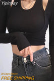 Yipinpay Two Piece Halterneck Knitted Tops Women Casual Solid Color Skinny Crop Tops Long Sleeved T-shirt Female