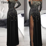 Yipinpay Women Elegant Chic Allover Print Gradient Long Sleeves Mesh Patch High Silt Maxi Party Dresses