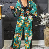 Yipinpay Women Elegant All Over Print with Floral Deep V Neck Straight with Belt Jumpsuit Sexy Jumpsuit