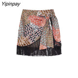 Yipinpay Fashion Women With Tassel Mini Skirts 2023 Summer Vintage High Waist Bow Tied Draped Zipper Female Skirts Mujer