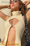Yipinpay =Irregular Knitted Halter Vest Women Streetwear Sleeveless Backless High Neck Front Cutout Metal Ring Slit Hem Tanks
