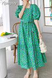 Yipinpay Sleeve Floral Maxi Dress Square Collar a Line Cotton Robe Summer 2023 Boho Plus Size Midi Elegant Korean Harajuku Sukienki