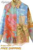 Yipinpay Patchwork Print Shirts And Blouses For Women Vintage Button Up Shirt Women Asymmetric Long Sleeve Top Female Summer Tops