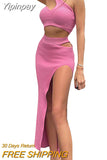 Yipinpay Women Sexy Two-piece Clothes Skirt Sets Summer Solid Color One-shoulder Vest and Slit Skirt Women's Suits Club Wear