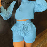 Yipinpay Women Solid Chic Half High Collar Long Sleeves Elastic Waist Drawstring Crop Top Short Sets