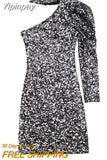 Yipinpay Silver Sequin Dress Woman One Shoulder Glitter Dress Women Asymmetric Sexy Short Dresses Long Sleeve Evening Party Dresses