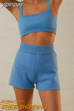 yipinpay 2023 Summer Knitted Print Sports Shorts Suit Tracksuit Women Sexy Beach Outfits Strap Top High Waist Shorts Two Piece Set